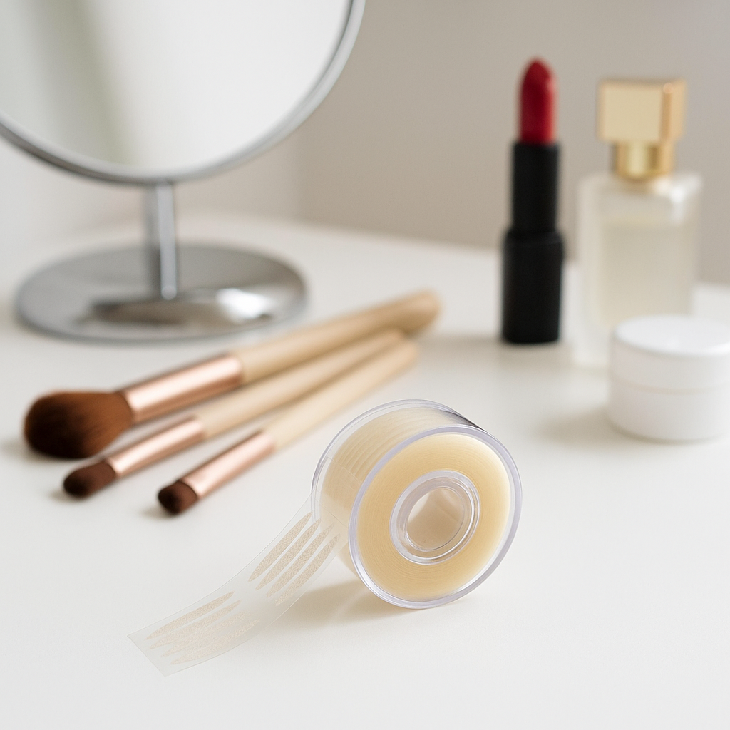Eyelid Tape invizibil – bandă pentru ridicarea pleoapelor, prezentare pe masa de machiaj bandă transparentă pentru ridicarea pleoapelor pe masă de machiaj, alături de pensule, oglindă și ruj