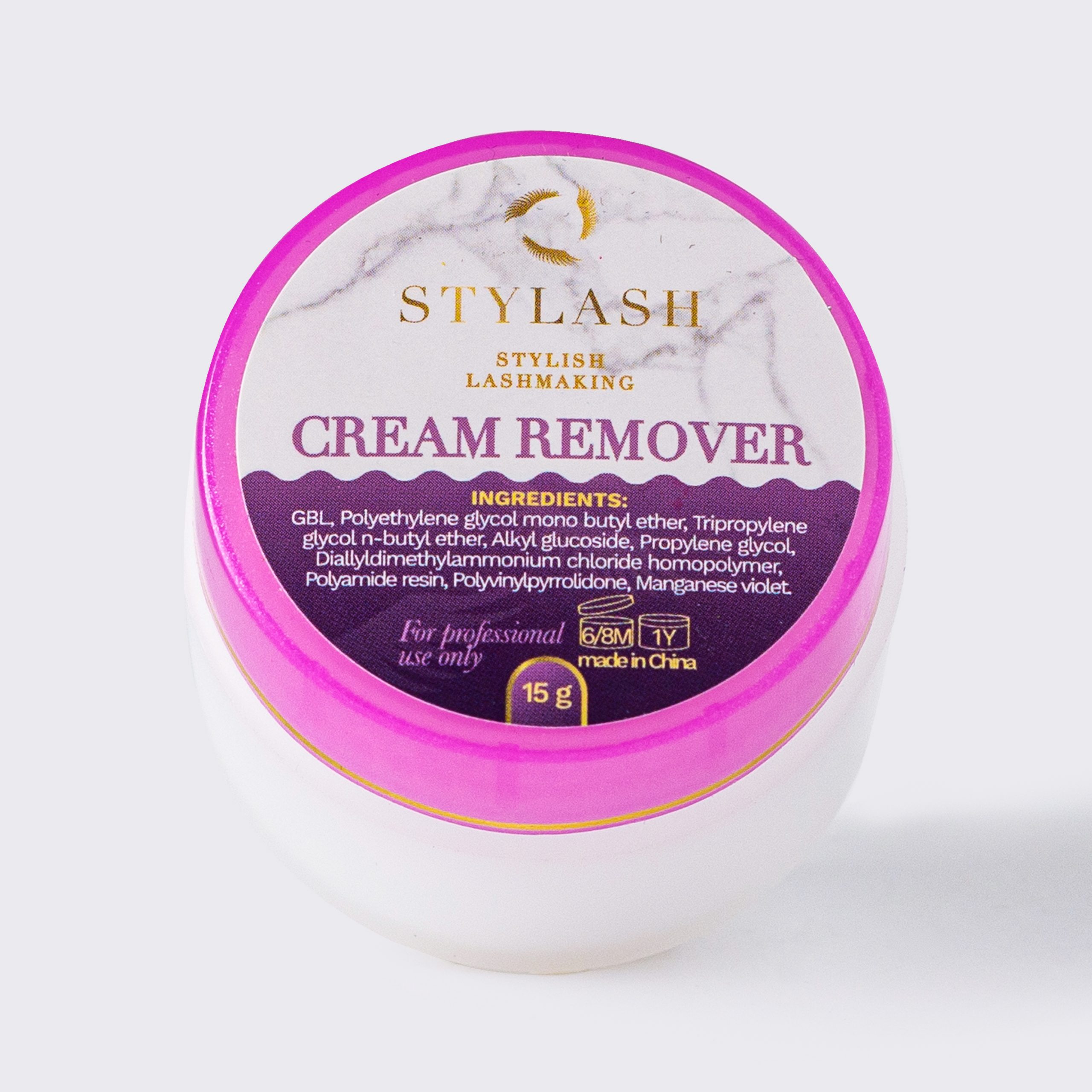 STYLASH Cream Remover 15 g – cremă profesională pentru îndepărtarea extensiilor de gene Recipient STYLASH Cream Remover de 15 g, cremă profesională pentru îndepărtarea extensiilor de gene, capac roz cu etichetă albă și mov
