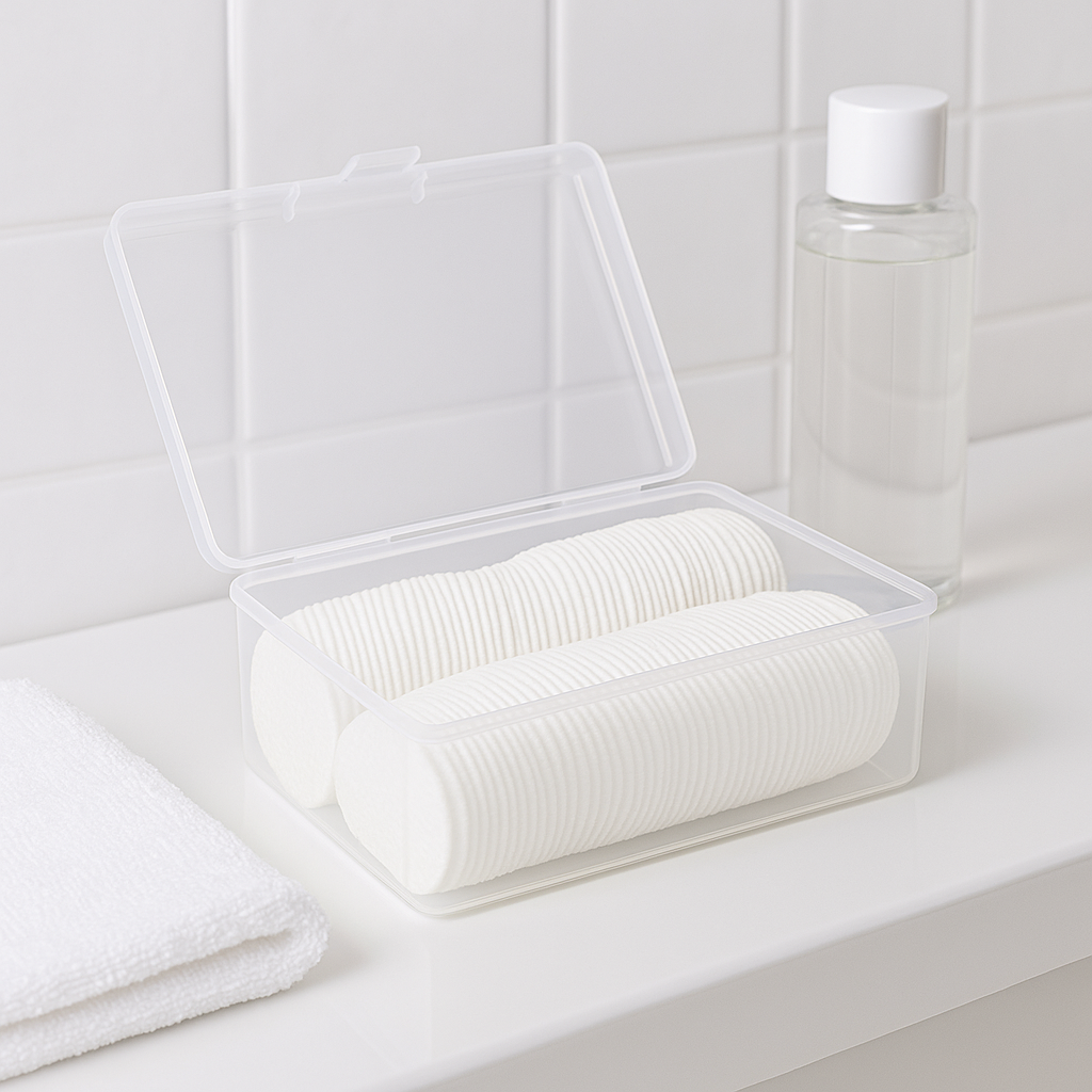 Dischete demachiante din bumbac – set igienic pentru baie dischete demachiante din bumbac în cutie transparentă, așezate pe masă de baie lângă prosop și loțiune