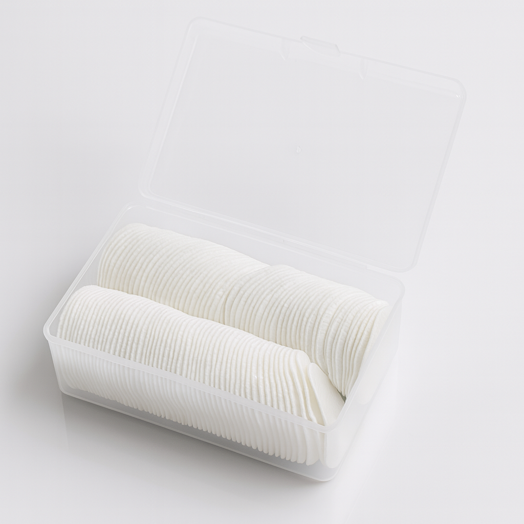 Dischete demachiante din bumbac – cutie practică cu capac dischete demachiante albe din bumbac, ambalate într-o cutie transparentă cu capac deschis