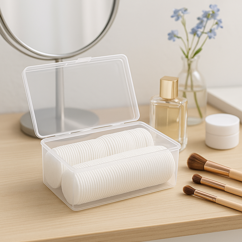 Dischete demachiante din bumbac – cutie practică pentru masa de machiaj dischete demachiante din bumbac în cutie transparentă, pe masă de machiaj cu pensule și produse cosmetice