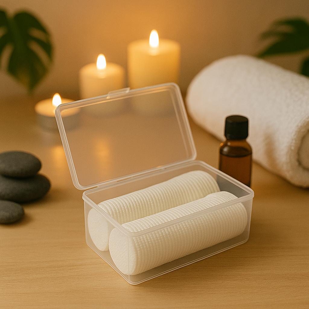 Dischete demachiante din bumbac – eleganță și confort în decor spa dischete demachiante din bumbac în cutie transparentă, prezentate într-un decor spa cu lumânări aprinse și uleiuri esențiale