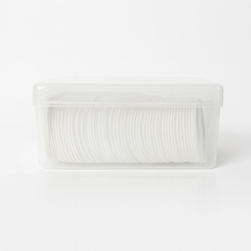 Dischete demachiante din bumbac – set ambalat în cutie transparentă dischete demachiante albe din bumbac, ambalate într-o cutie transparentă practică