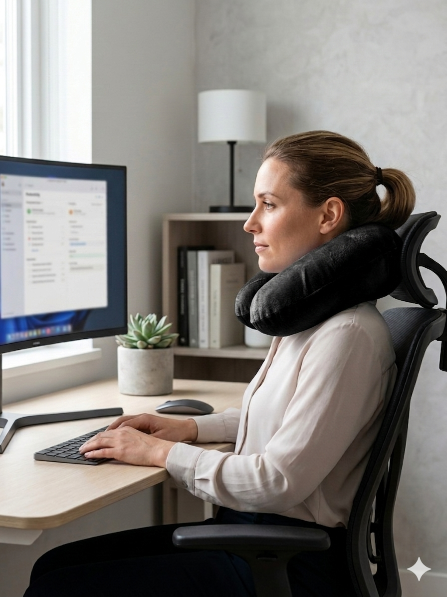 Pernă cervicală ergonomică utilizată la birou pentru susținerea gâtului Călătorește confortabil fără dureri de gât. Pernă cervicală ergonomică, moale și ușoară, ideală pentru avion, mașină sau birou.